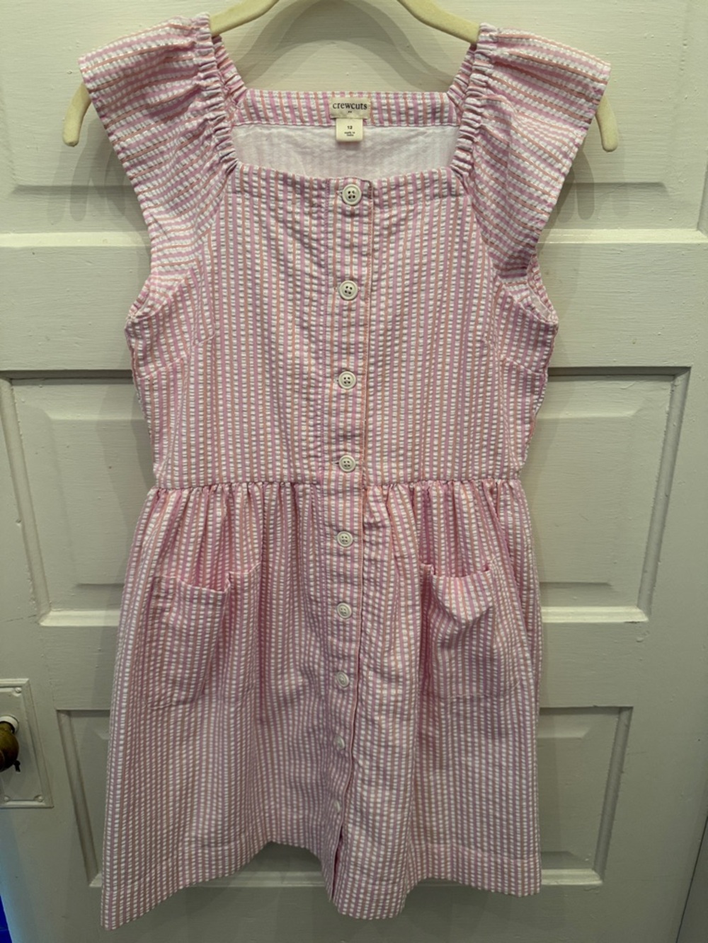 Girls 12 J Crew Crewcuts Pink Striped Seersucker Button-Front Dress with pockets